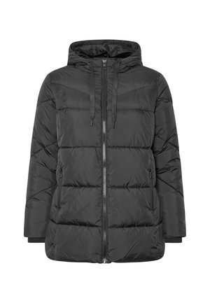 Puffjakke i sort med hætte, lynlåslukning, snore og to sidelommer med lynlås. Har quiltet tekstur og ribbede manchetter.