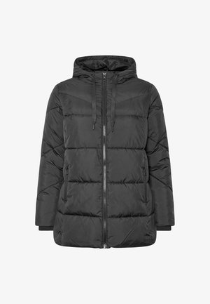 Puffjakke i sort med hætte, lynlåslukning, snore og to sidelommer med lynlås. Har quiltet tekstur og ribbede manchetter.