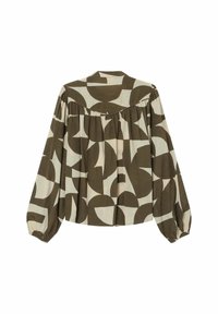 Blouse à manches longues avec un motif géométrique abstrait beige et olive foncé, coupe ample, empiècement froncé et poignets élastiques.