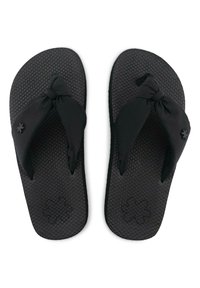 Black flip-flops with a textured rubber sole and fabric straps tied in a knot. Features a subtle flower pattern on the footbed.