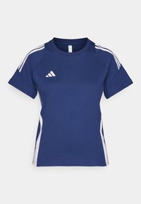 Navy blue athletic t-shirt with white side stripes and Adidas logo on the chest. Short sleeves and crew neckline. Cotton blend material.