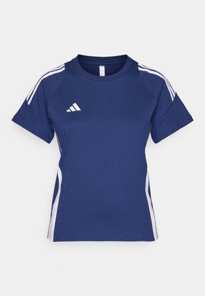 Marineblauw sportshirt met witte zijstrepen en het Adidas-logo op de borst. Korte mouwen en ronde hals. Gemengd katoen materiaal.