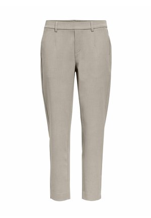 Gaiši pelēkas pieguļošas bikses ar jostas cilpām, sānu kabatām un taisnu kāju griezumu uz balta fona.