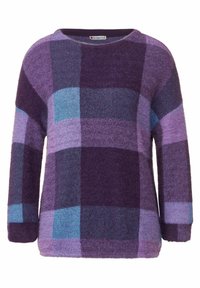 Purple sweater featuring a soft, knitted texture with a checkered pattern in varying shades of purple and blue. Crew neck and long sleeves.