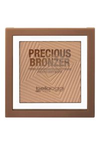 Compact di bronzer con texture geometrica in marrone chiaro. Presenta una finestra trasparente e un bordo bianco, con nome del marchio e dettagli del prodotto in rilievo.