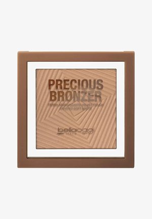 Compact di bronzer con texture geometrica in marrone chiaro. Presenta una finestra trasparente e un bordo bianco, con nome del marchio e dettagli del prodotto in rilievo.