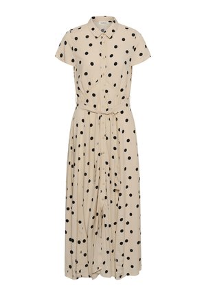 Beiges kurzärmeliges Hemdkleid mit schwarzen Punkten, einem Kragen und einem Stoffgürtel, der in der Taille gebunden ist und bis zum Knöchel reicht.