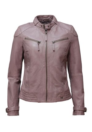 Veste en cuir mauve ajustée avec fermeture éclair à l'avant, deux poches poitrine zippées, lanières à boucle aux poignets et col montant avec fermeture à boucle.