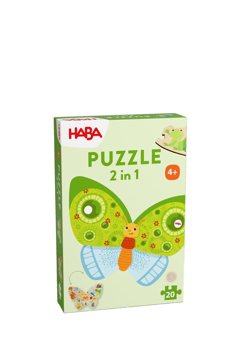 HABA 2-in-1 butterfly puzzle box, featuring vibrant green and blue patterns, with a central insect illustration. Puzzle piece graphic included.