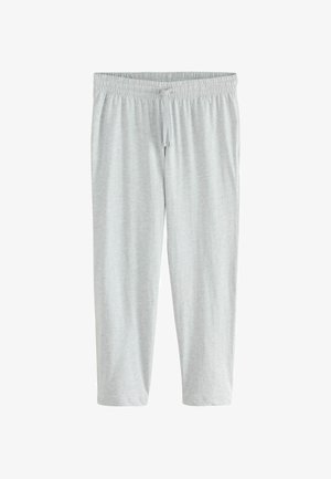 Pantalons de jogging en coton gris clair avec une taille élastique et un cordon de serrage ajustable. Texture lisse, design longueur cheville, sans poches.