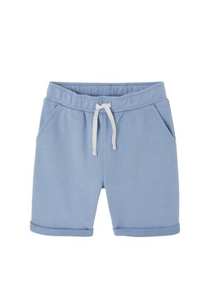 Light blue casual shorts with elastic waistband, white drawstring, side pockets, and rolled cuffs.