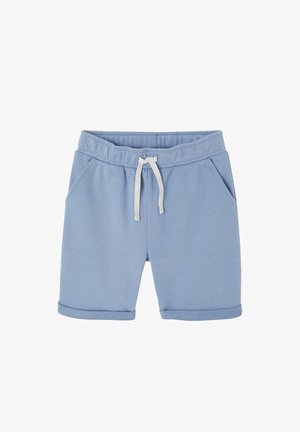 Light blue casual shorts with elastic waistband, white drawstring, side pockets, and rolled cuffs.
