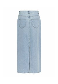Light blue denim midi skirt with a straight fit, back slit, two back pockets, and visible stitching details.