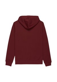 Hoodie bordeaux avec une capuche à cordon, des manches longues, des poignets et un ourlet côtelés, une texture douce et un design arrière simple et sans couture.