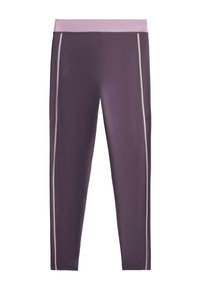 Leggings violets avec une large ceinture de couleur violet clair et des rayures verticales de couleur claire courant le long de chaque jambe.