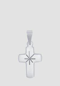 Silberner Kreuzanhänger mit strukturiertem Finish, ausgestattet mit einem zentralen Sonnenstrahl-Design und einer glatten, polierten Öse zur Befestigung.