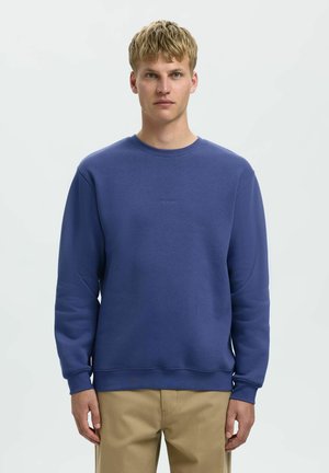 Sudadera azul con cuello redondo, mangas largas y puños acanalados. Fabricada con una tela suave y con un sutil detalle de logo en la parte delantera.