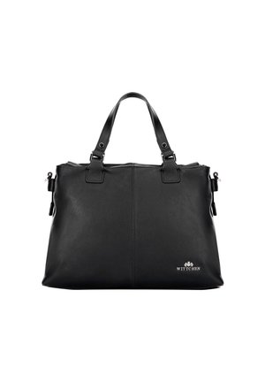 Schwarze Lederhandtasche mit doppelten Obergriffen, Reißverschlussverschluss und silbernem Logo-Akzent. Glatte Textur, rechteckige Form, minimalistische Design.