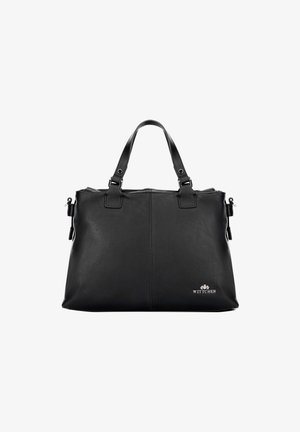 Schwarze Lederhandtasche mit doppelten Obergriffen, Reißverschlussverschluss und silbernem Logo-Akzent. Glatte Textur, rechteckige Form, minimalistische Design.