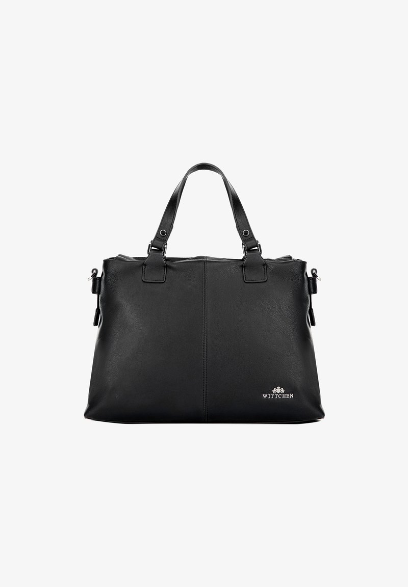 Borsa in pelle nera con doppi manici superiori, chiusura con zip e accento del logo in argento. Texture liscia, forma rettangolare, design minimalista.