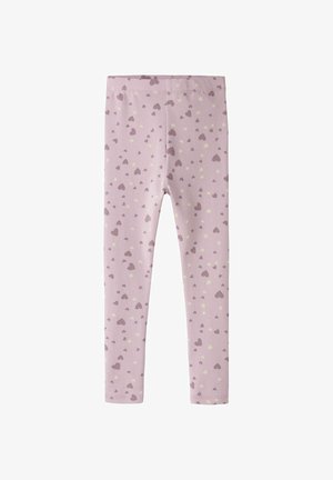 Lichtroze kinderleggings met kleine donkere en lichte hartjespatronen gelijkmatig verdeeld.