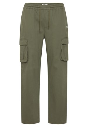 Pantaloni cargo verde măsliniu, cu talie elastică, șnur și două buzunare laterale. Confectionați dintr-un material neted, având o croială confortabilă.