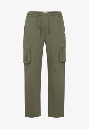 Olivgrüne Cargo-Hose mit elastischem Bund, Kordelzug und zwei seitlichen Taschen. Hergestellt aus glattem Stoff, mit einem lockeren Schnitt.