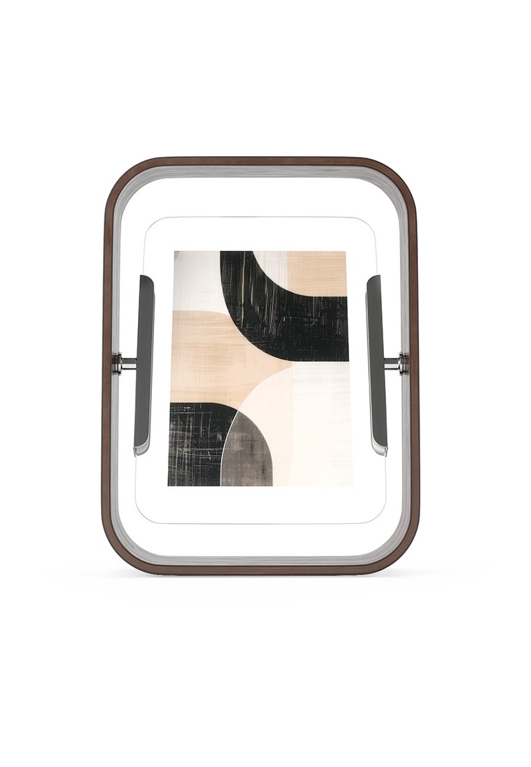 Obraz w ramie z zakrzywionym czarno-beżowym wzorem geometrycznym. Prostokątna rama o ciemnym wykończeniu drewnianym i szklanym przodzie, z metalowymi akcentami.
