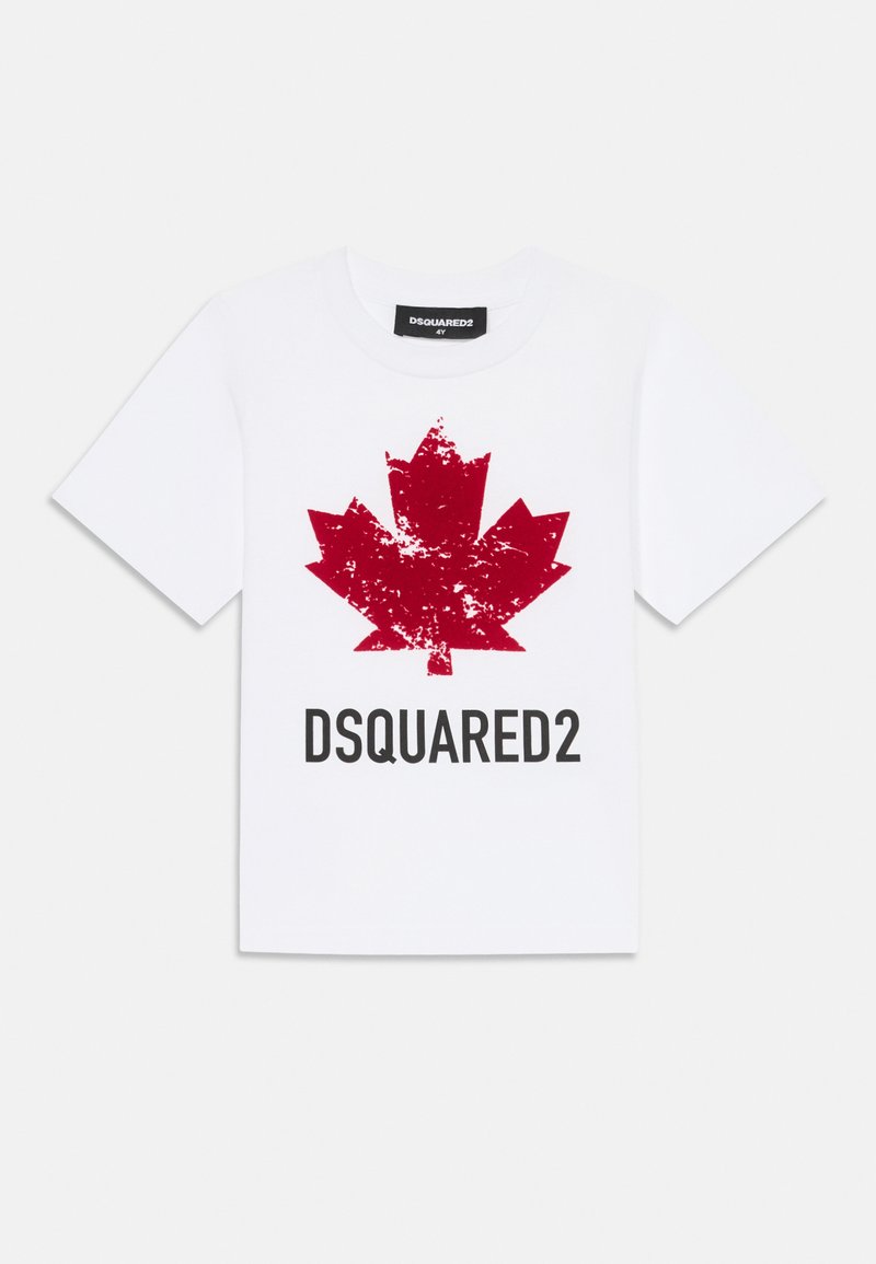 Vit bomull T-shirt med en röd grunge-stil lönnlöv grafik och svart "DSQUARED2" text under. Enkel crew neck design.