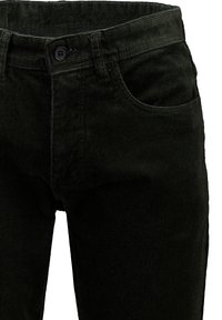 I pantaloni in corduroy verde scuro presentano una superficie testurizzata, una chiusura con bottone e un design di tasche tradizionale. Vestibilità classica con gamba dritta.