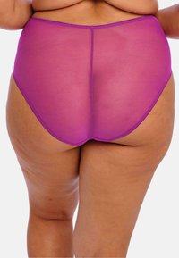 High-waisted purple underwear with a sheer fabric, smooth texture, and simple stitched detailing along the waistband and leg openings.