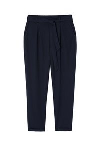 Pantaloni navy realizzati in tessuto leggero, con vita regolabile tramite lacci, due tasche laterali e design a gamba affusolata con risvolti.