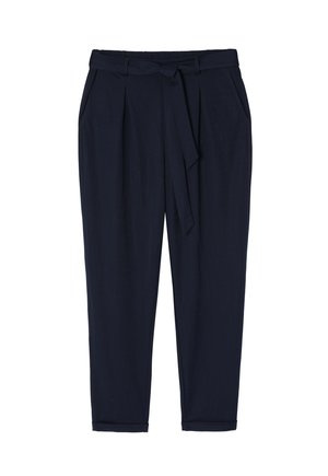 Pantaloni navy realizzati in tessuto leggero, con vita regolabile tramite lacci, due tasche laterali e design a gamba affusolata con risvolti.