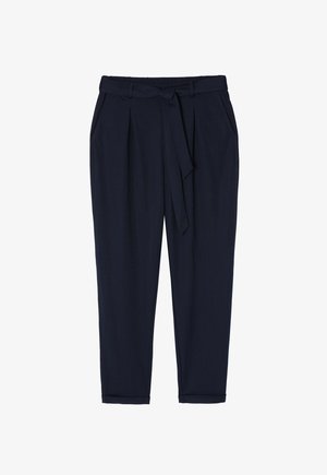 Pantaloni navy realizzati in tessuto leggero, con vita regolabile tramite lacci, due tasche laterali e design a gamba affusolata con risvolti.