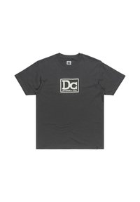 Dunkelgraues Baumwoll-T-Shirt mit einem auffälligen weißen "DC"-Logo und dem Text "DC SHOES 1994" innerhalb eines rechteckigen Rahmens. Kurze Ärmel, Rundhalsausschnitt.