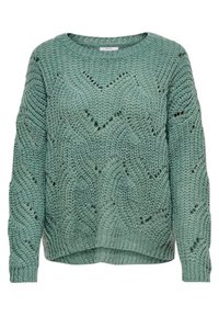 Gestrickter Pullover in einem hellgrünen Farbton, mit strukturiertem Muster, lockerer Passform, rundem Ausschnitt und gerippten Bündchen.
