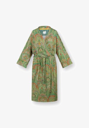 Green paisley-patterned robe with a wrap design, long sleeves, and a matching belt, featuring floral accents and a soft textile texture.