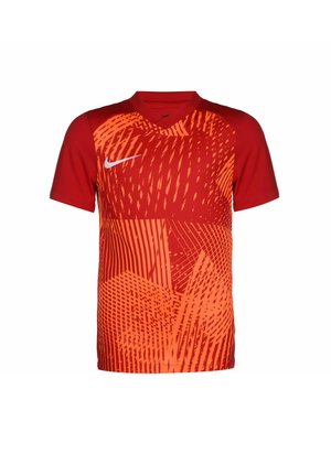 Maglietta sportiva a maniche corte rossa e arancione con scollatura a V, caratterizzata da motivi dinamici e un logo Nike bianco sul lato sinistro del petto.