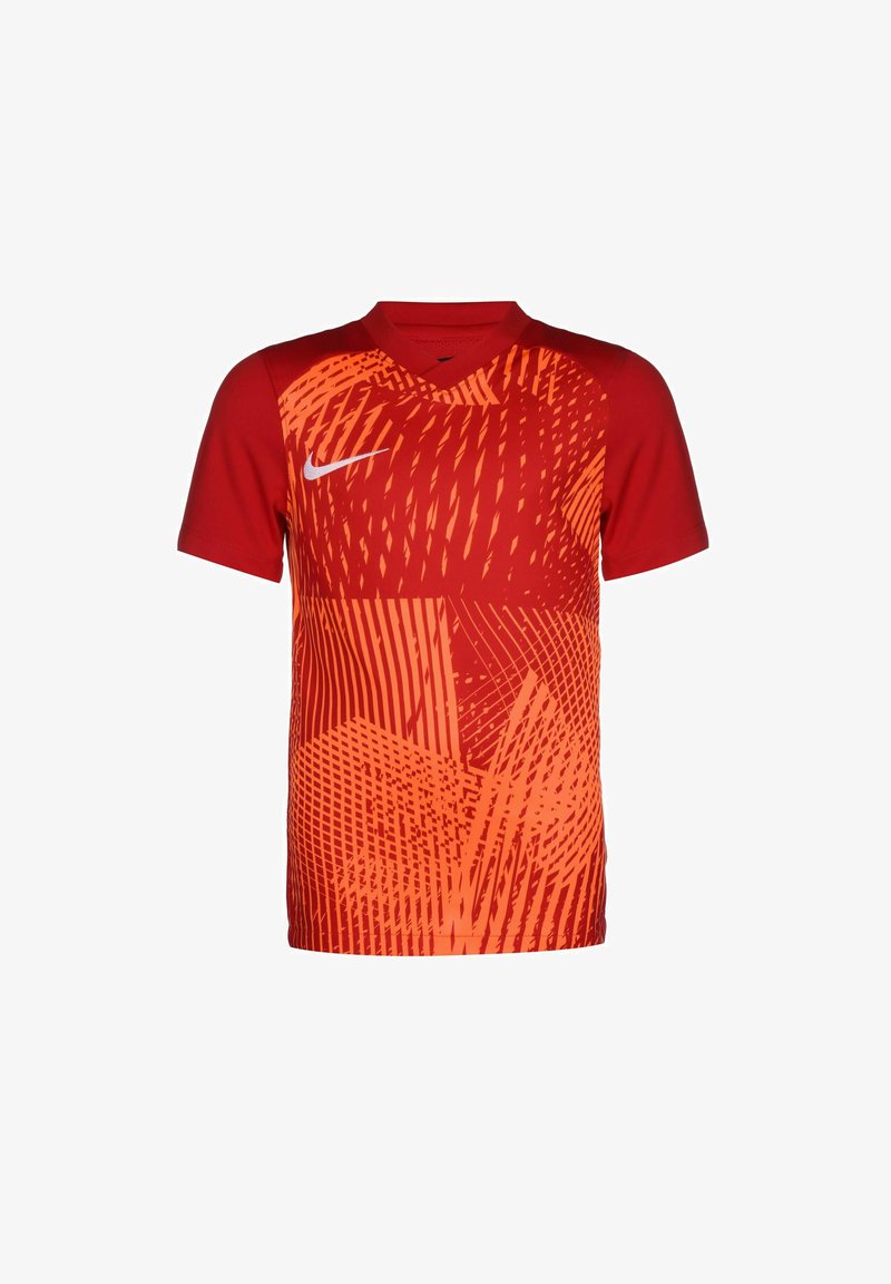Maglietta sportiva a maniche corte rossa e arancione con scollatura a V, caratterizzata da motivi dinamici e un logo Nike bianco sul lato sinistro del petto.