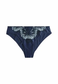 Marinblå bikinitrosa med broderad blommönster i ljusblått och vitt. Slätt tyg med klassisk skärning och dekorativa kanter.