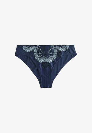 Marinblå bikinitrosa med broderad blommönster i ljusblått och vitt. Slätt tyg med klassisk skärning och dekorativa kanter.