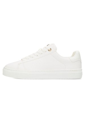 White sneaker with a textured synthetic upper, round toe, flat sole, and lace-up front. Features gold-tone eyelets and minimal branding.