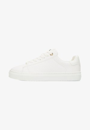 White sneaker with a textured synthetic upper, round toe, flat sole, and lace-up front. Features gold-tone eyelets and minimal branding.