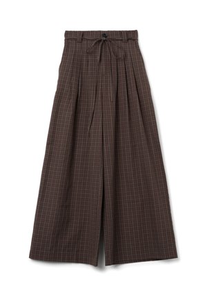 Braune Karo-Hosen mit weitem Bein, einem Kordelzugbund, plissiertem Vorderteil und einer weichen Textur. Das Karomuster weist weiße und hellgraue Linien auf.