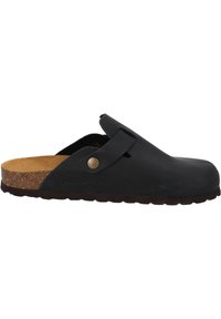 Zoccolo nero in gomma con una soletta in sughero. Caratterizzato da una cintura regolabile e una suola in gomma spessa con un motivo testurizzato.