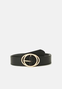 Ceinture en cuir noir avec une double boucle dorée circulaire, texture lisse et forme élégante pour un ajustement réglable.