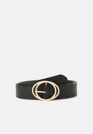Black leather belt featuring a double circular gold buckle, smooth texture, and a sleek shape for adjustable fit.