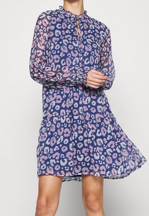 Sheer blue dress with pink and white leopard print, keyhole neckline with tie, long puff sleeves, gathered cuffs, and flared skirt.