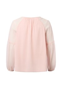 Lichtroze blouse met een geplooide halslijn, doorzichtige lange mouwen en een zachte, gestructureerde stof. Glad achterpand zonder extra details.