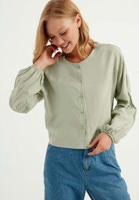 Blusa verde chiaro a maniche lunghe con scollo rotondo e chiusura a bottone, con maniche arricciate. Abbinata a pantaloni in denim blu a vita alta.